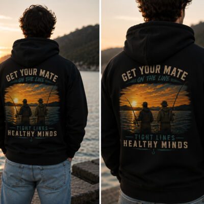 "Fishing With Mates" Premium Unisex Hoodie, Front, Back, and Sleeve Print  - Hooded Sweatshirt Thumbnail